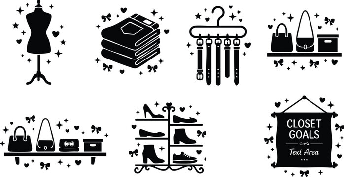 Black and white closet goals text with shoes belts handbags and folded clothes vector art