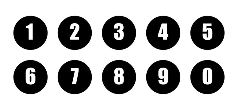 Set of Black Circular Icons with White Numbers 0-9