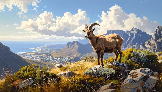 A goat stands on a rocky mountain peak overlooking a valley