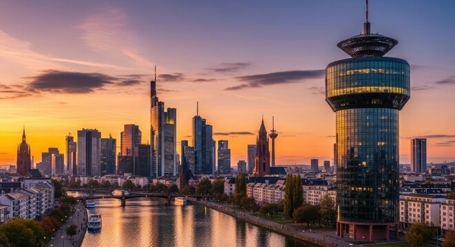 Frankfurt am Main skyline at sunset, panoramic view of the city with skyscrapers and the Main river.