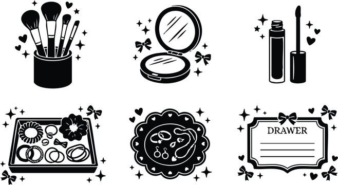 Black and white beauty makeup brush compact mirror organizer flat vector art