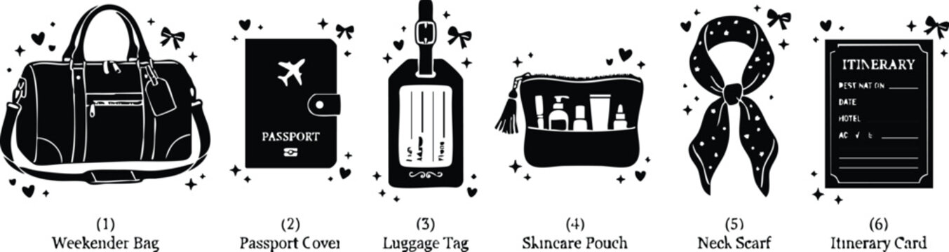 Black and white travel essentials weekender bag passport cover luggage tag skincare pouch neck scarf itinerary card vector art