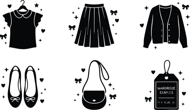 Wardrobe staples blouse skirt cardigan shoes handbag and tag