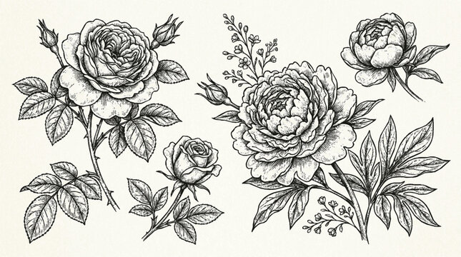 Detailed black and white floral illustration of blooming roses and peonies with leaves on cream background