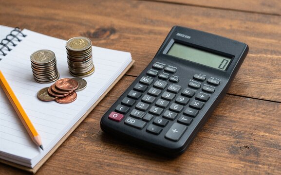 Calculator coins and notebook on wooden table suggest budgeting or