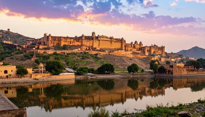Obraz premium A large, ancient fort on a hill overlooking a serene lake at sunset