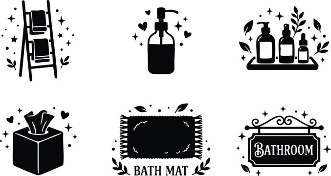 Black and white bath mat tissue box soap dispenser ladder and bathroom sign vector art
