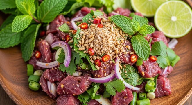 Delicious Thai Beef Salad with Fresh Herbs and Lime.