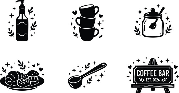 Black and white coffee bar icons with cups pastries and signage vector art