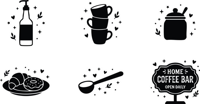Black and white cups sugar jar croissant and donut coffee spoon with home coffee bar sign vector art