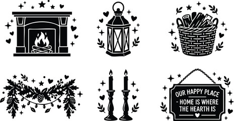 Fototapeta premium Black and white cozy hearth fire with lantern basket candles and home sign vector art