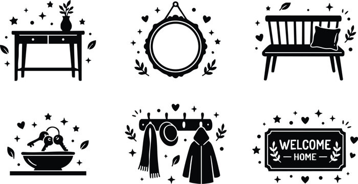 Black and white welcome home sign mirror bench and coat rack vector art