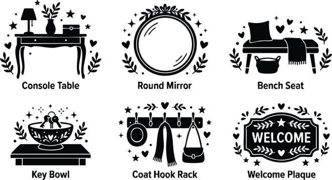 Black and white vintage style welcome plaque console table mirror bench seat key bowl coat hook rack