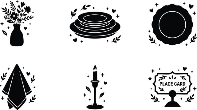 Black and white flat design floral vase stack of plates and candle icons
