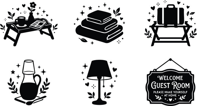 Black and white guest room welcome sign with bedside table lamp towels suitcase and tray vector art
