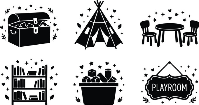 Black and white playroom icons with toy chest tent table chairs bookshelf and blocks basket