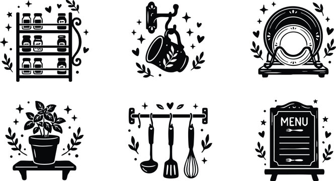 Black and white kitchen utensils spice rack and menu board vector art set