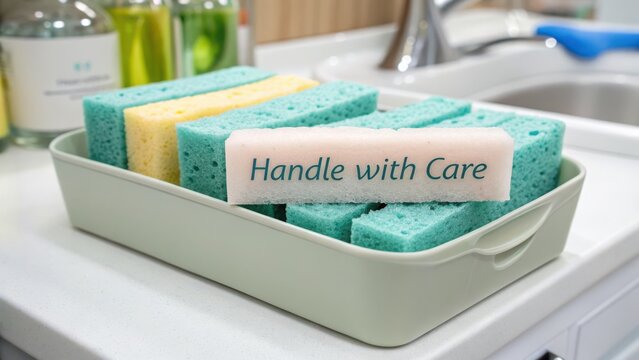 Close up of cleaning sponges in tray with handle with care message