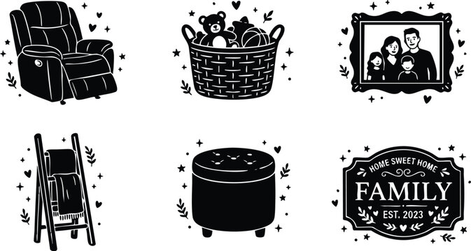 Black and white family home cozy furniture and basket vector art set