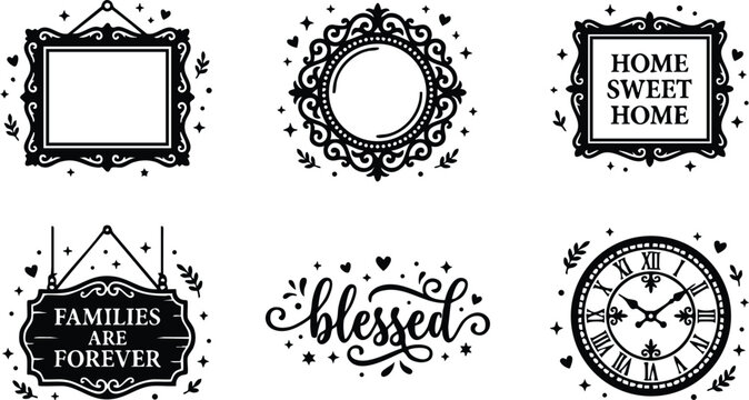 Black and white decorative frames with home sweet home blessing and clock vector art