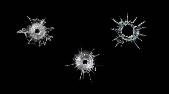Isolated Broken cracks glass getting hit by gunshot with smoke and muzzle flash on transparent Background. Gun Fire. 3d render animation.