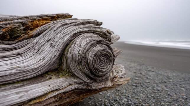 Sun-bleached driftwood with prominent swirl pattern on a pebbly beach, showcasing nature's artistry by the sea.