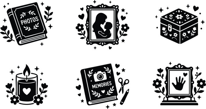 Black and white memory book candle and photo frame icons with floral decoration