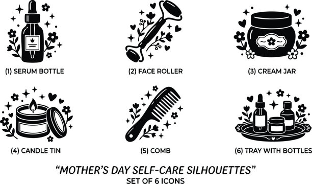 Black and white mothers day self care silhouettes set with serum bottle face roller cream jar candle tin comb and tray with bottles