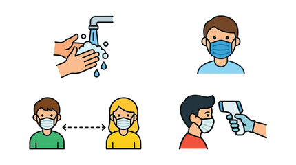 Fototapeta premium Illustrations depicting essential COVID-19 prevention measures including hand washing, mask wearing, social distancing, and temperature checks for public health safety.