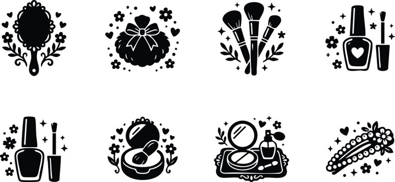 Black and white makeup brushes powder compact nail polish floral icons