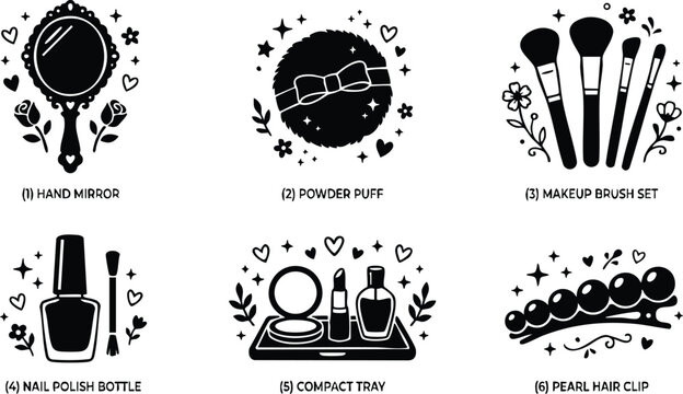 Black and white hand mirror powder puff makeup brush set nail polish bottle compact tray and pearl hair clip vector art