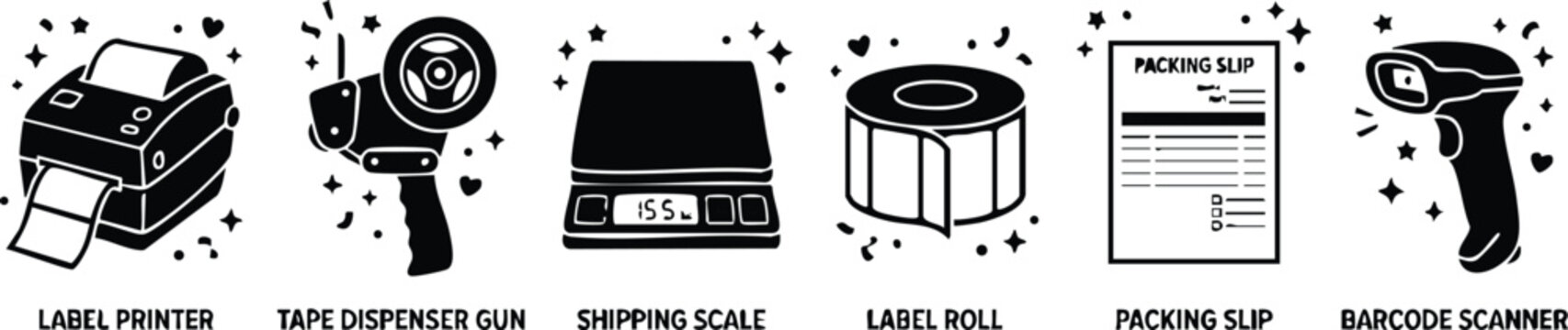 Label printer tape dispenser gun shipping scale label roll packing slip barcode scanner icons