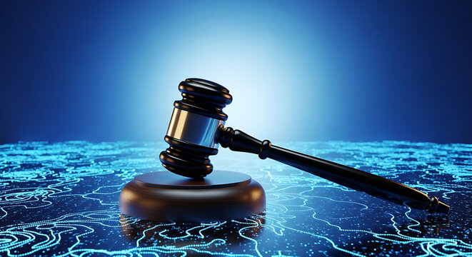 Digital Justice concept: gavel on futuristic circuit board with glowing blue grid background