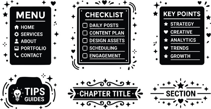 Black and white checklist menu key points tips chapter title and section vector art icons