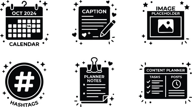 Black calendar caption hashtags planner content planner icons vector art