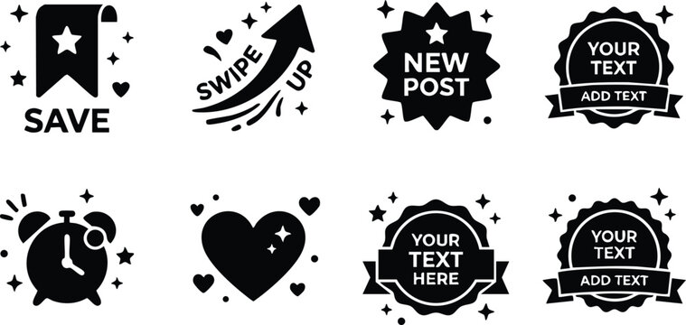 Black and white save heart arrow swipe up new post badges vector art