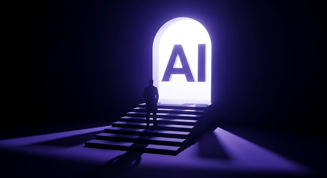 Person walking up stairs towards glowing AI archway with bright light, representing future technology and artificial intelligence.