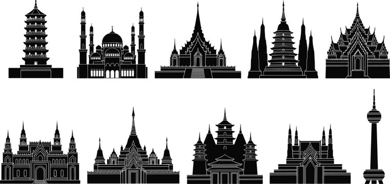 Asian landmark silhouettes collection with oriental temples pagodas mosques and traditional buildings set black vector illustration for travel and cultural design