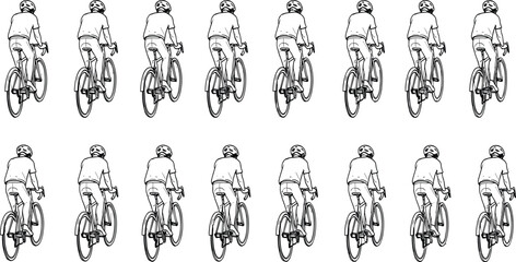 Back view collection of cyclist silhouettes riding bicycles, hand drawn sketch of people biking, outdoor sports icons, and fitness activity © Mahabul