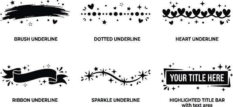 Black underline decorations with brush dots hearts ribbon sparkles and highlighted title bar vector art