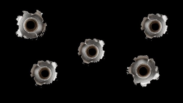 Isolated Broken metal cracks getting hit by gunshot with smoke and muzzle flash on transparent Background. Gun Fire. 3d render animation.