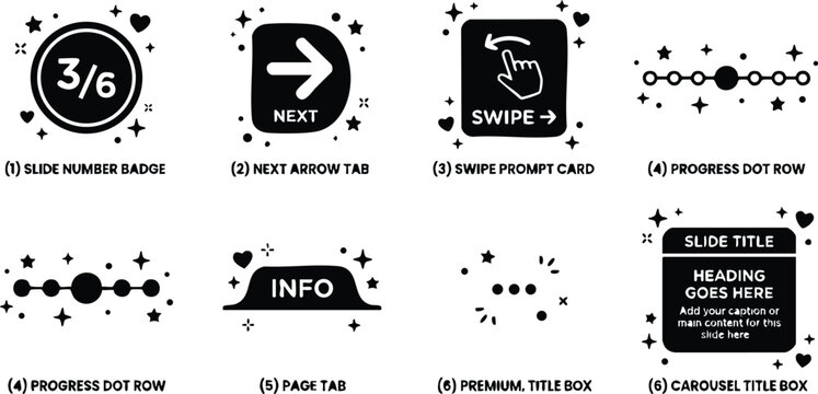 Black and white user interface icons with slide number badge next arrow swipe prompt and progress dots