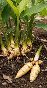 Freshly Harvested Turmeric Roots and Plants in Rich Soil.