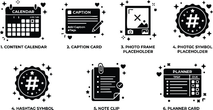 Black and white social media content icons including calendar caption photo frame hashtag note clip and planner card flat design
