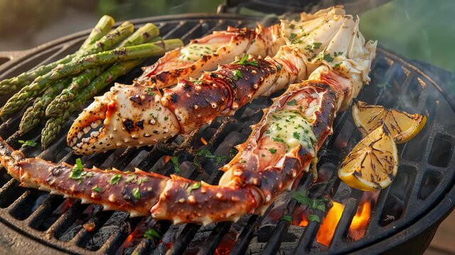 King crab legs and asparagus grilling over charcoal with lemon slices, smoke rising for outdoor barbecue cooking