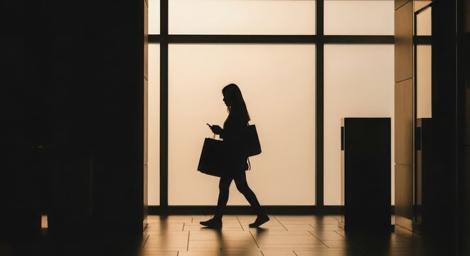 Silhouette of a woman walking with shopping bags and smartphone near a window with golden light