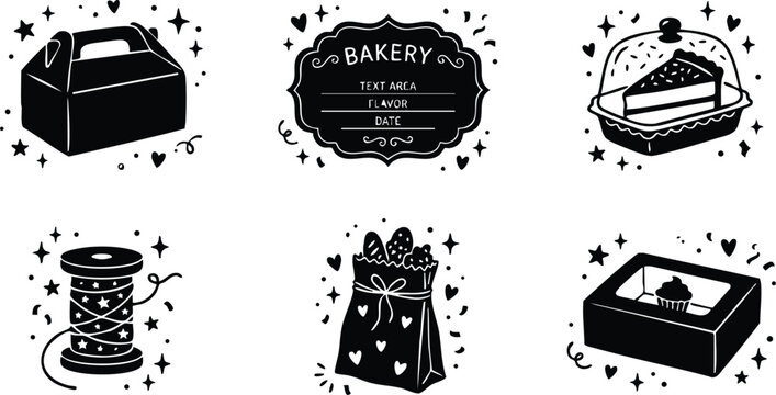 Black and white bakery label with cake box gift bag and spool vector art