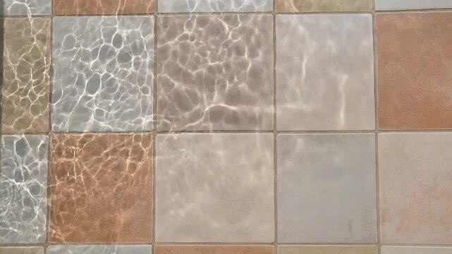 Close-up of colorful tiles reflecting light and water