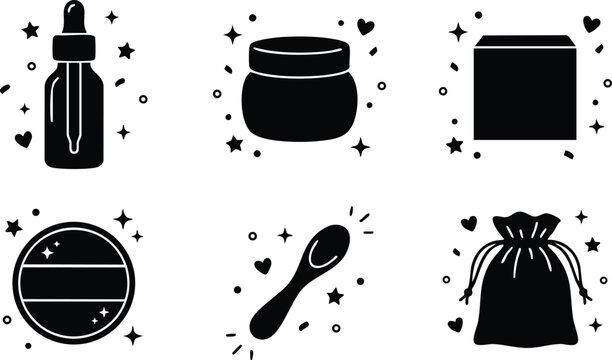 Black cosmetic container dropper jar spoon and pouch silhouette vector art