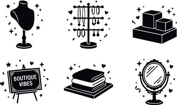 Black and white boutique vibes icons with jewelry stand mirror and folded towels
